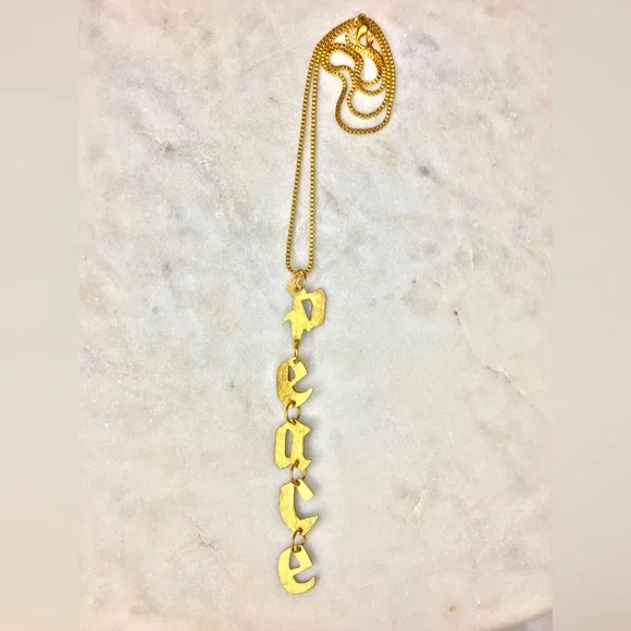 Gold Peace Necklace, handcrafted peace gold tone pendant w/24k gold plated chain - Picture 5 of 15